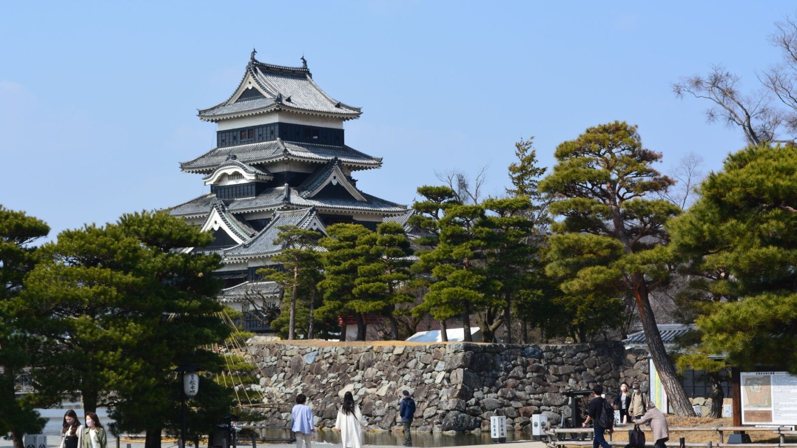 A beautiful view of a traditional Japanese castle surrounded by trees and visitors.
