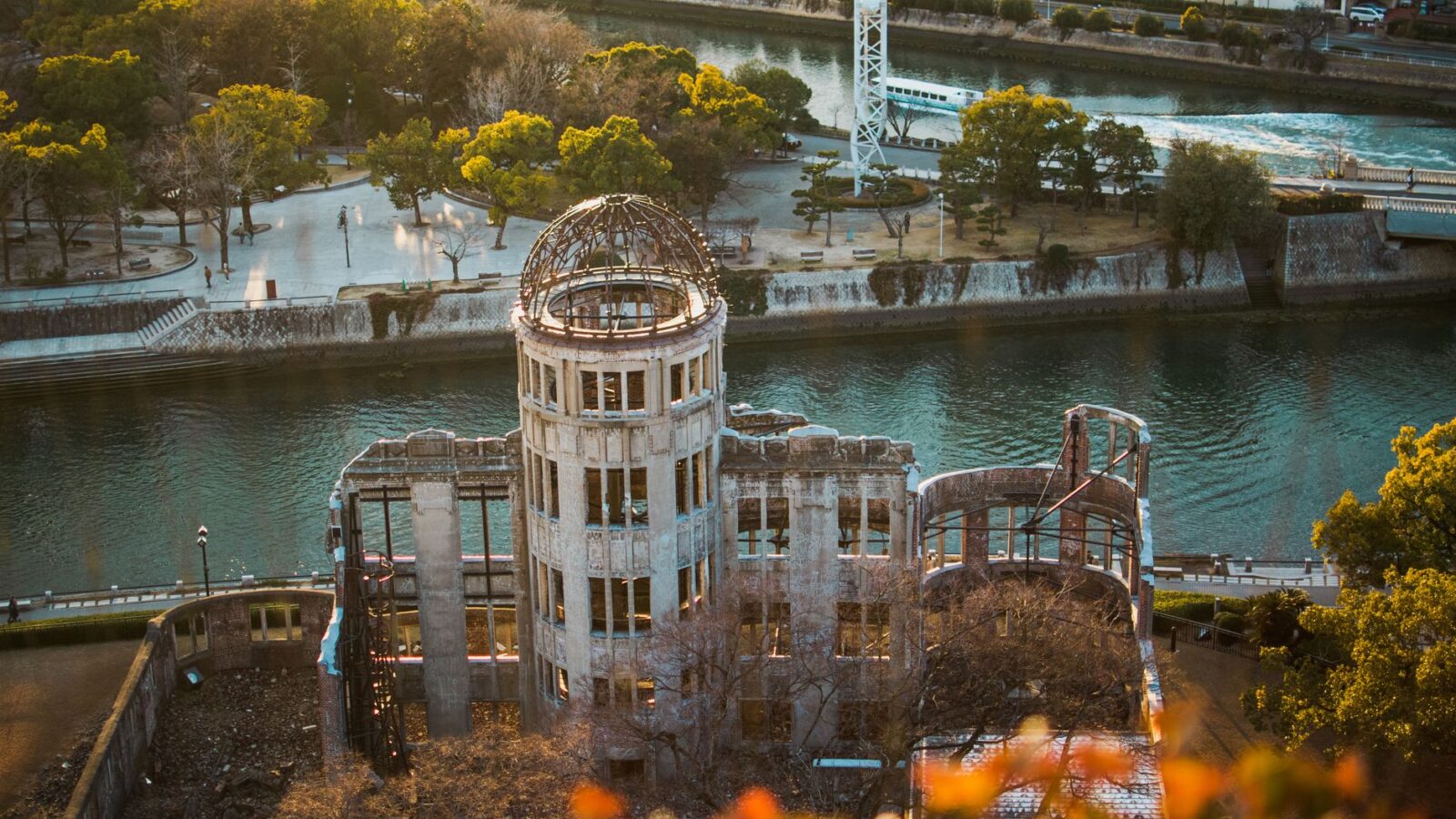 Stunning aerial capture of Hiroshima Peace Memorial Dome, a UNESCO World Heritage Site.